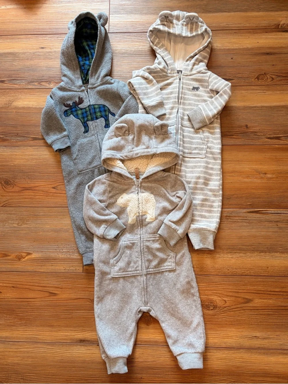 3 Carters 6 Months Cozy Baby Hooded Fleece Rompers - Gray/Tan Bears & Moose